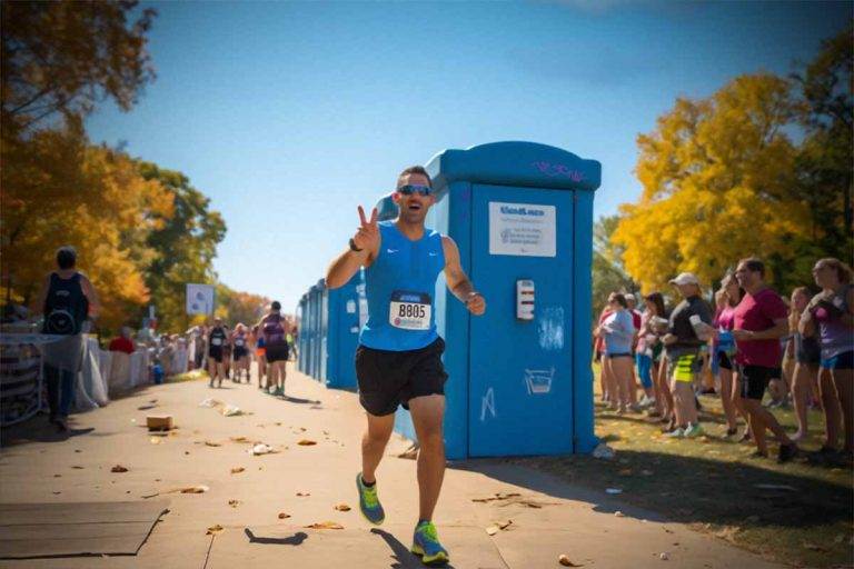 A row of blue porta-potties and runners queuing in front of them during a marathon
