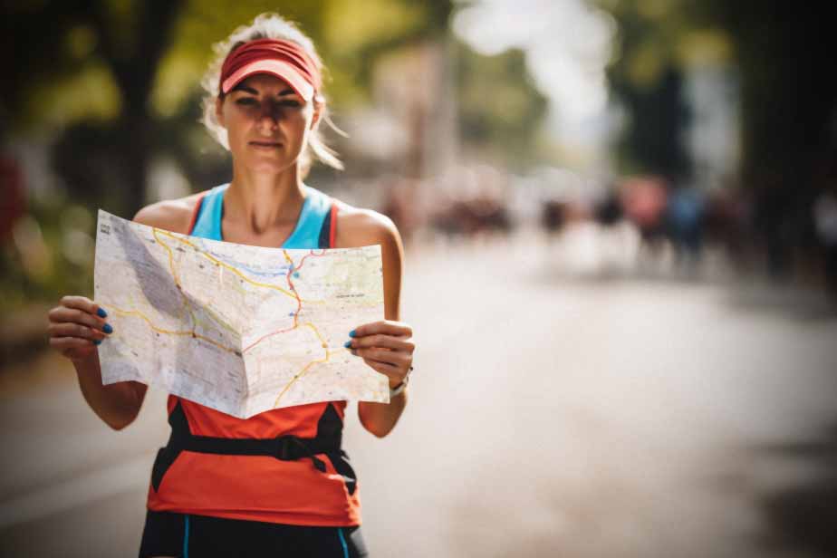 Female marathon runner looking for a marathon course map and planning toilet breaks before the marathon starts.