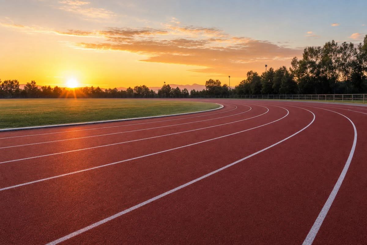 Empty athletics running track at sunrise