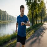 A runner glancing at the GPS watch on his wrist while running on a riverside path