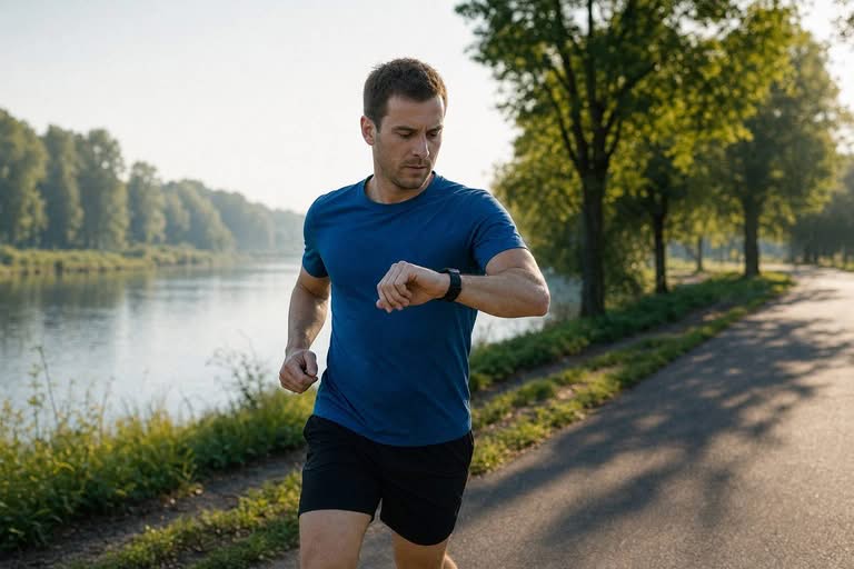 A runner glancing at the GPS watch on his wrist while running on a riverside path