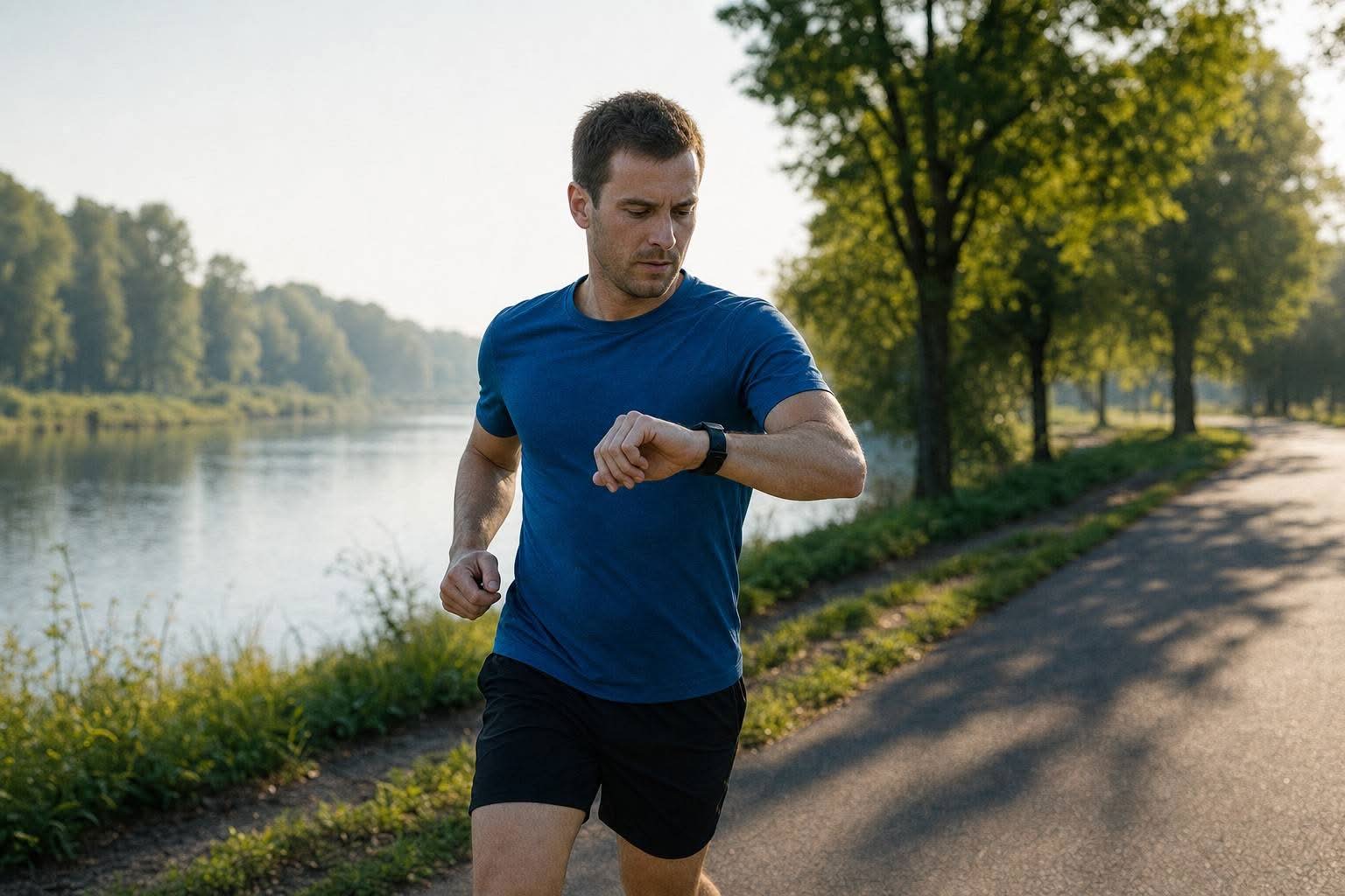 A runner glancing at the GPS watch on his wrist while running on a riverside path