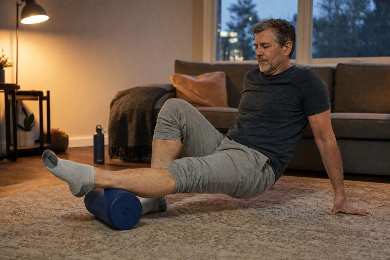 A runner using a foam roller on his calf on the living room floor after a run