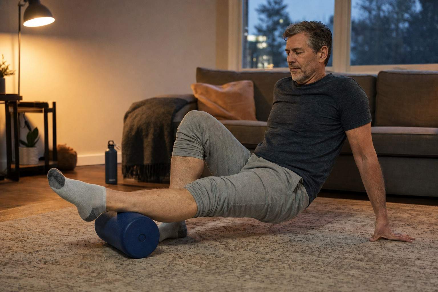 A runner using a foam roller on his calf on the living room floor after a run