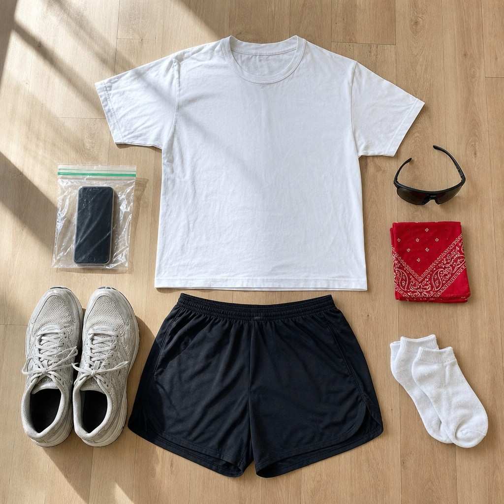 Flat lay of a color run outfit: white tee, running shorts, old sneakers, sunglasses, bandana and a phone in a zip-lock bag