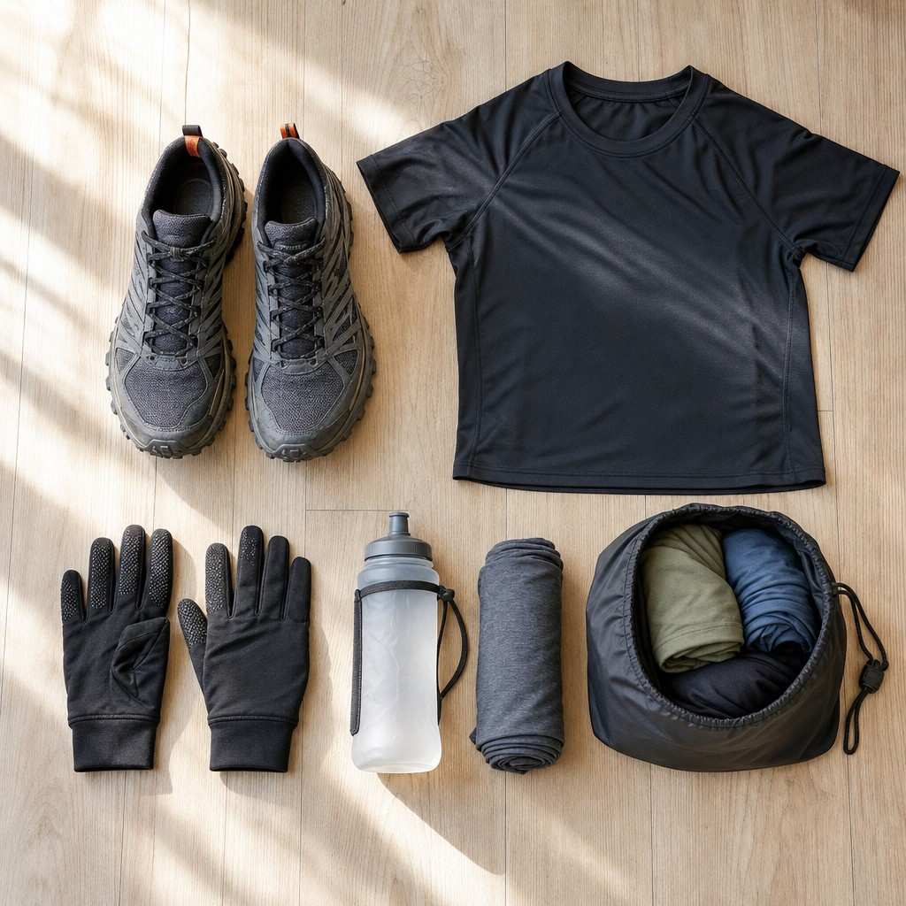 Flat lay of first Spartan race gear: trail shoes, fitted top, gloves, a handheld water bottle and a bag of dry clothes
