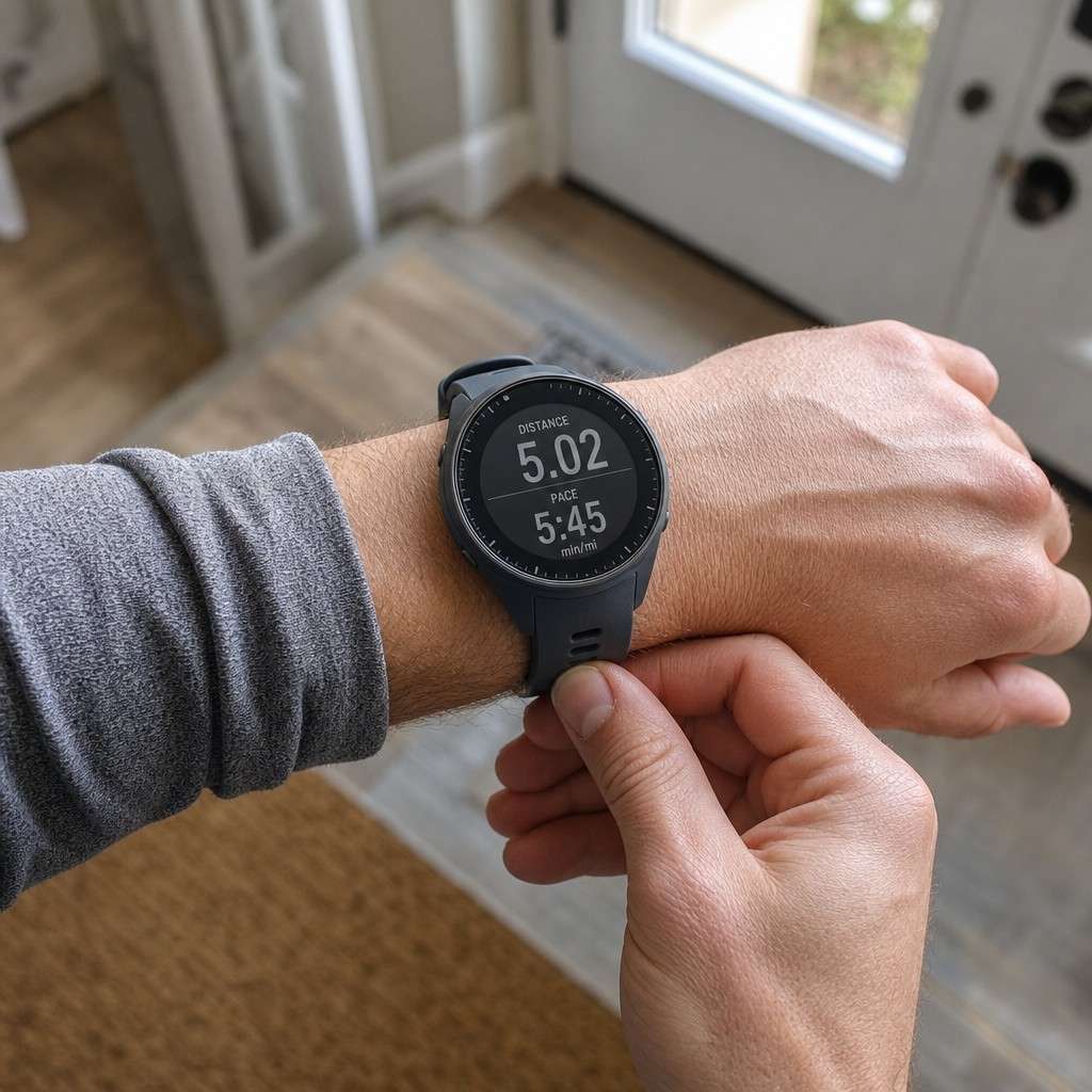 Close-up of a GPS running watch on a wrist showing a pace screen before a run