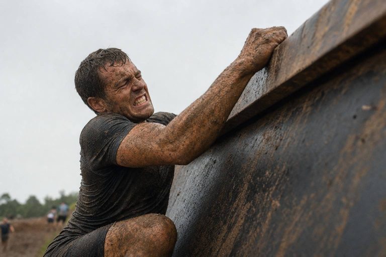 A mud-covered obstacle racer straining to haul himself over a steep inverted wall on an off-road course