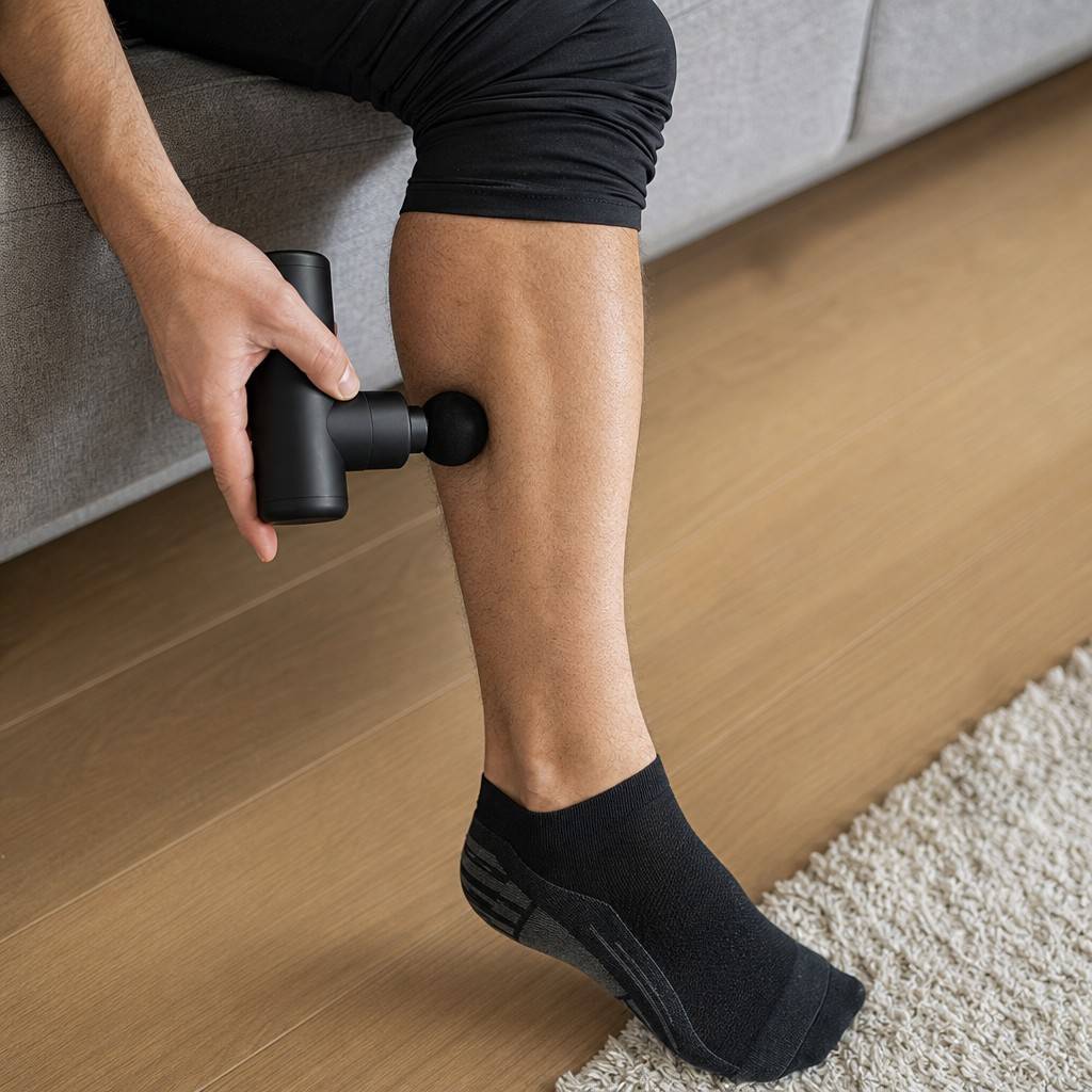 Close-up of a massage gun held against a calf muscle at the edge of a sofa