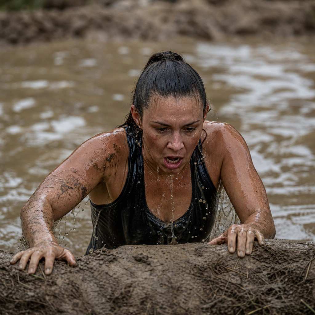 An obstacle racer climbing out of a muddy water pit, soaked and gasping