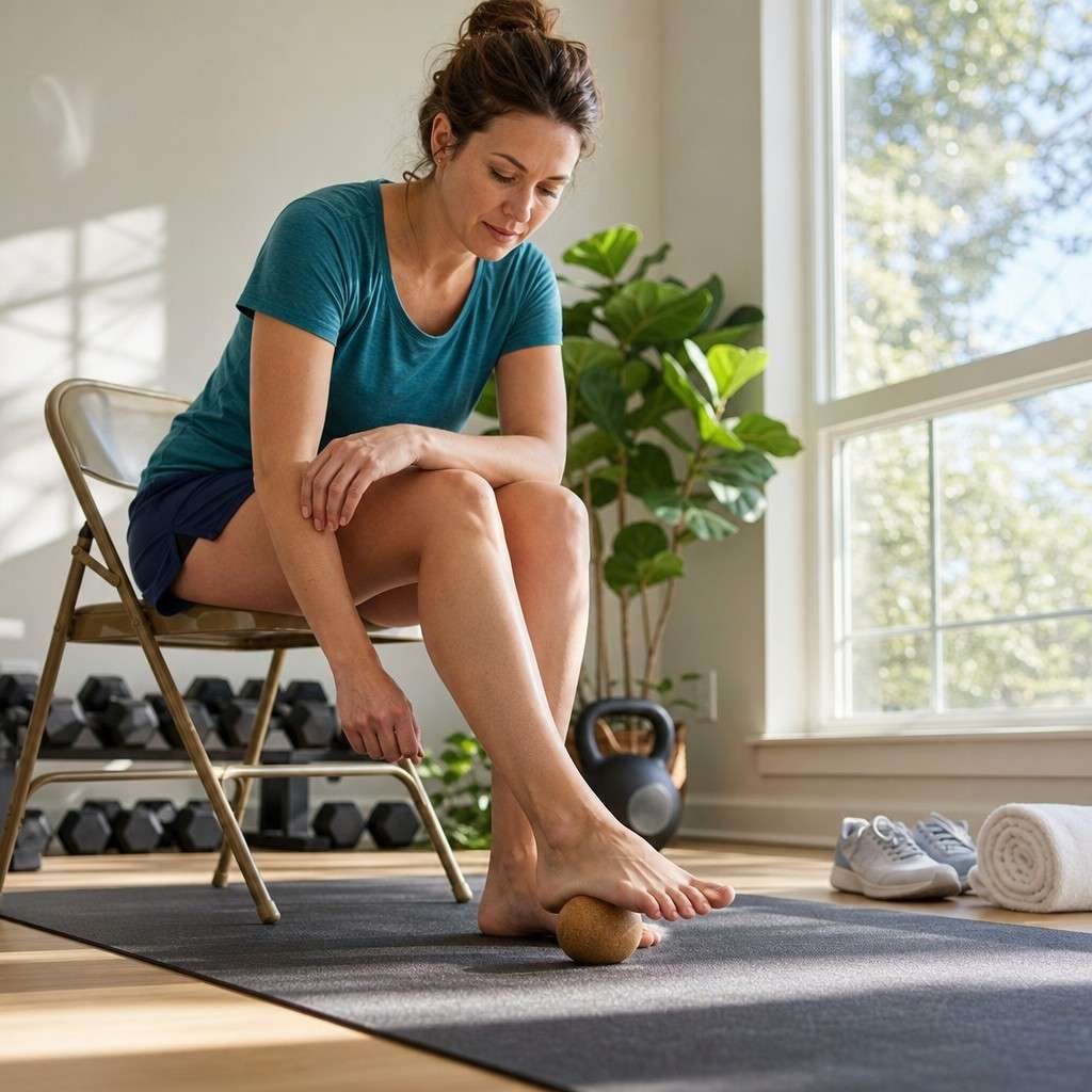 A woman rolling the arch of her foot over a massage ball on a yoga mat