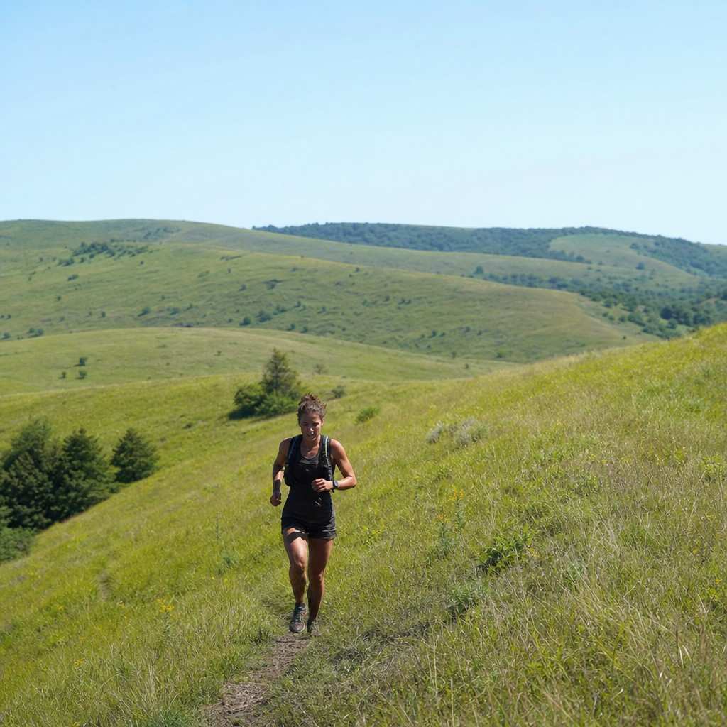 A lone obstacle racer running along an open off-road trail across a grassy hill