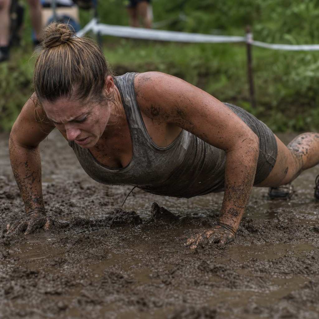 An obstacle racer performing burpees in the mud beside the course as a penalty