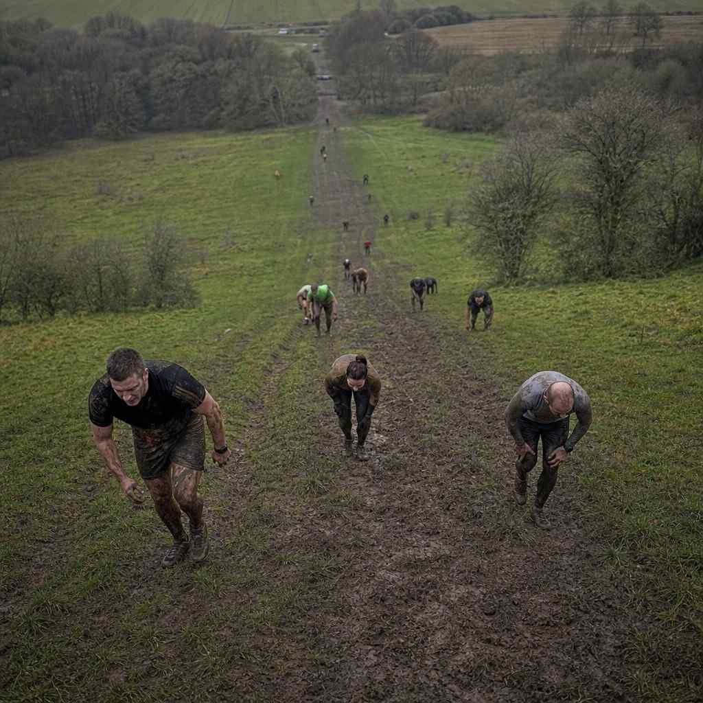 Obstacle racers spread out along a long muddy hillside climb under an open sky