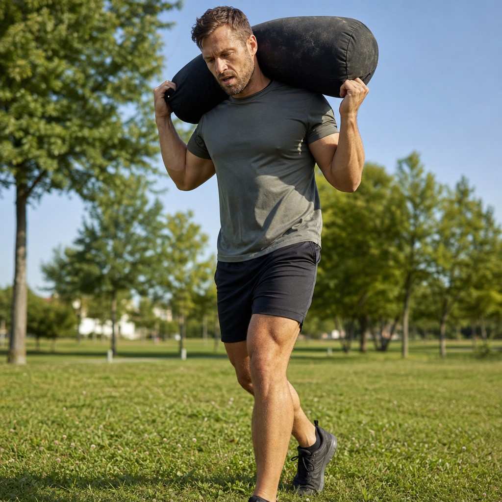 A person training for an obstacle race by carrying a heavy sandbag across a park