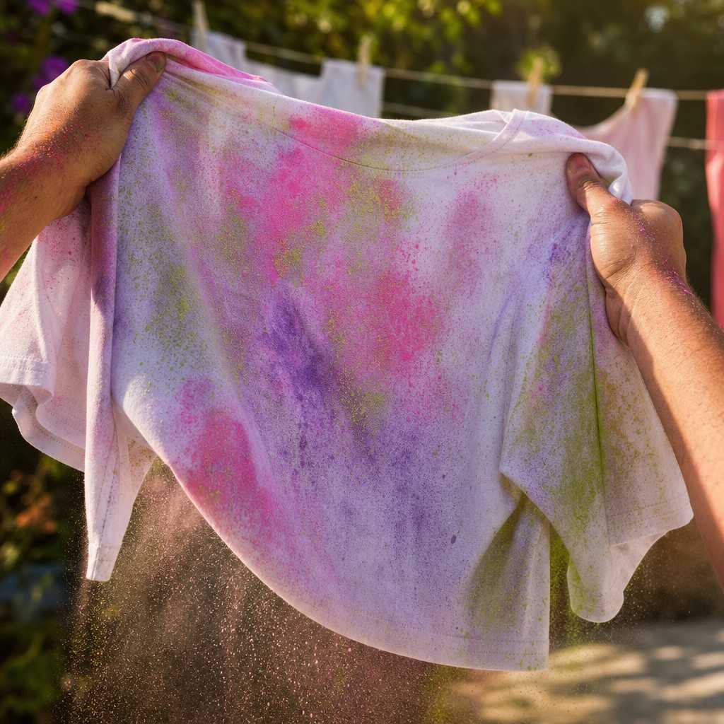 Hands shaking dried color powder off a stained white shirt outdoors before washing