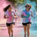 Two friends in white shirts covered in pink and blue color powder running through a color run station