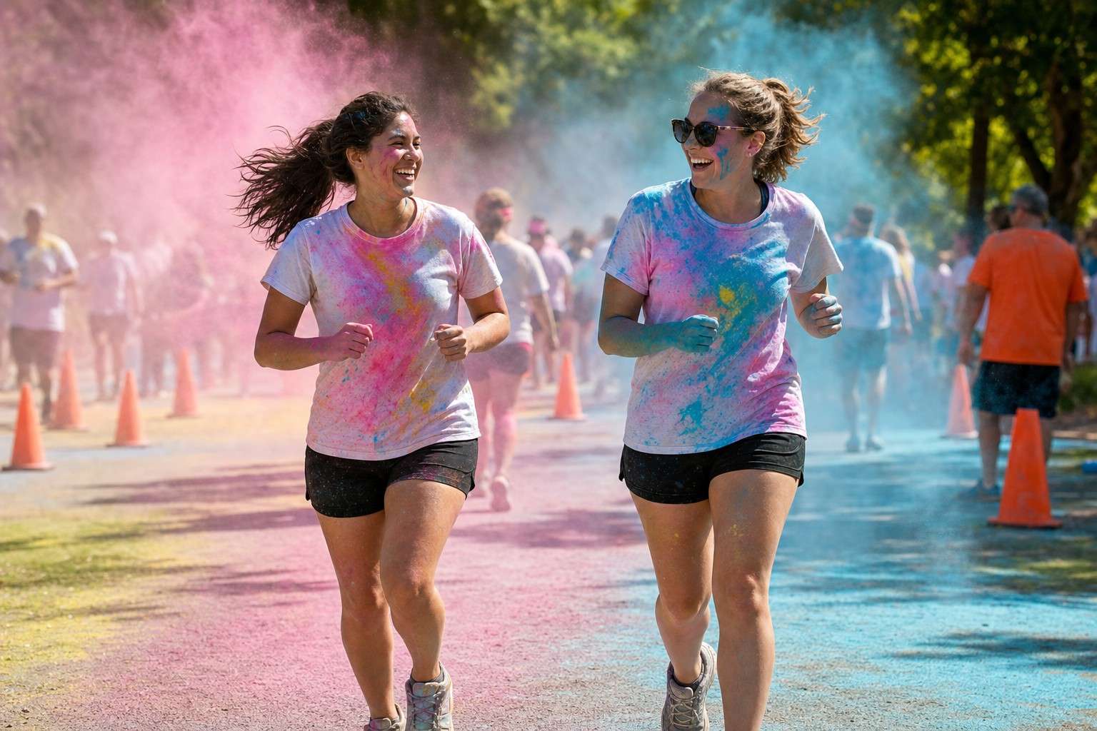 Two friends in white shirts covered in pink and blue color powder running through a color run station