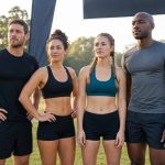 A small group of first-time obstacle racers standing ready at a race start area in morning light