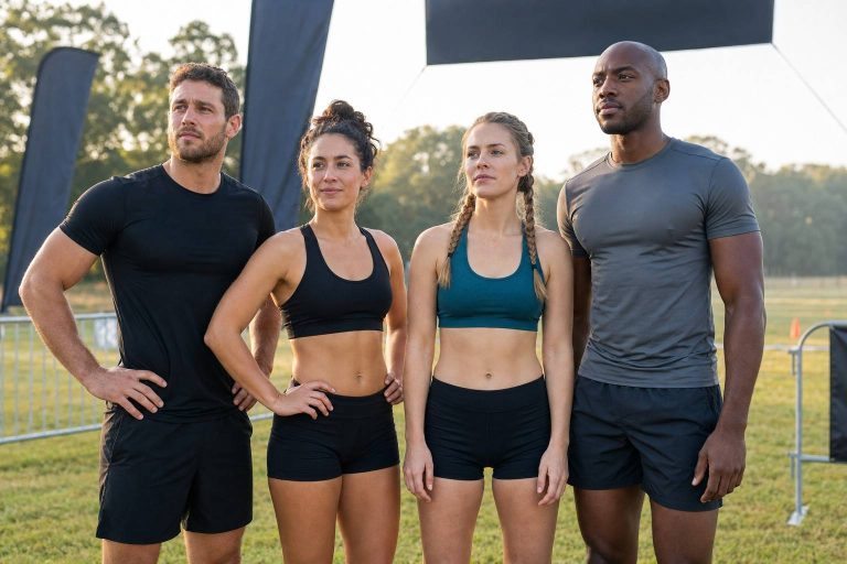 A small group of first-time obstacle racers standing ready at a race start area in morning light