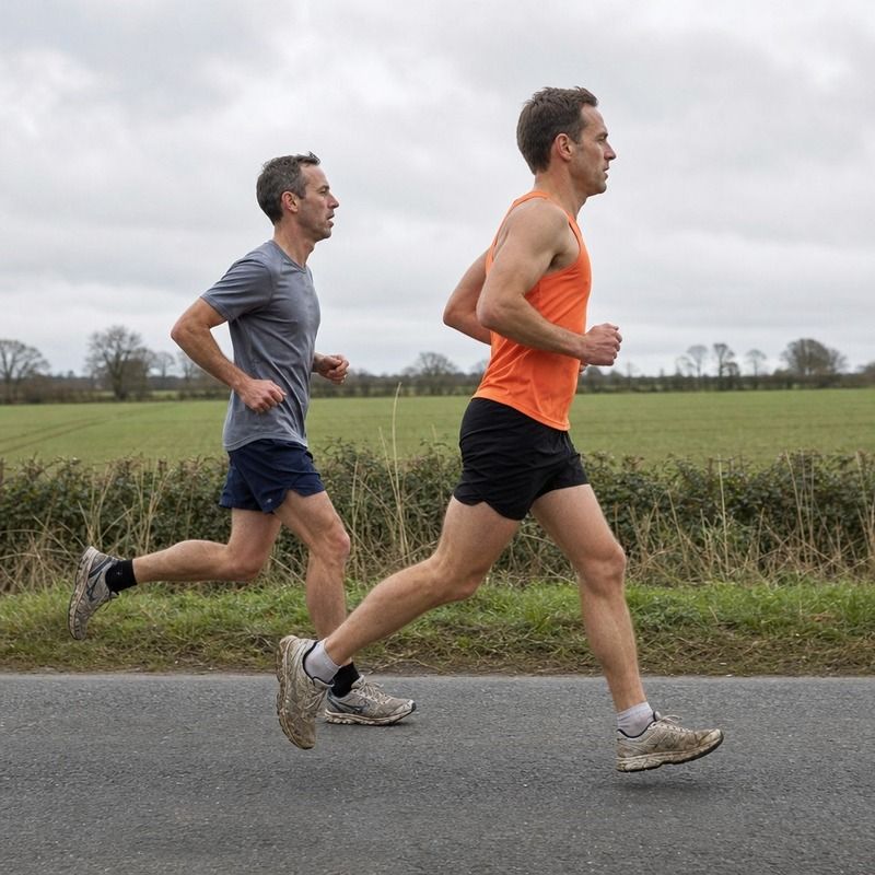 Two runners covering a long stretch of open road side by side