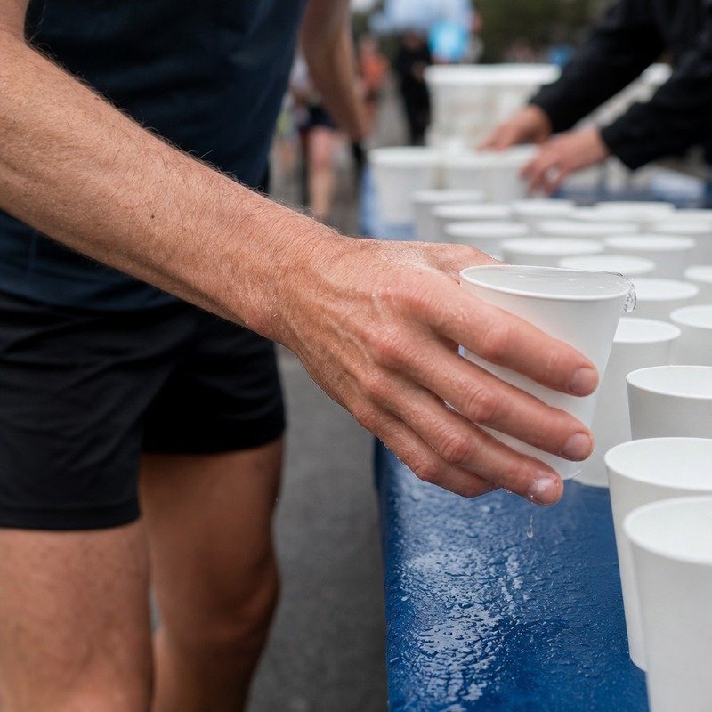 A hand lifting a paper cup of water from a race water station table