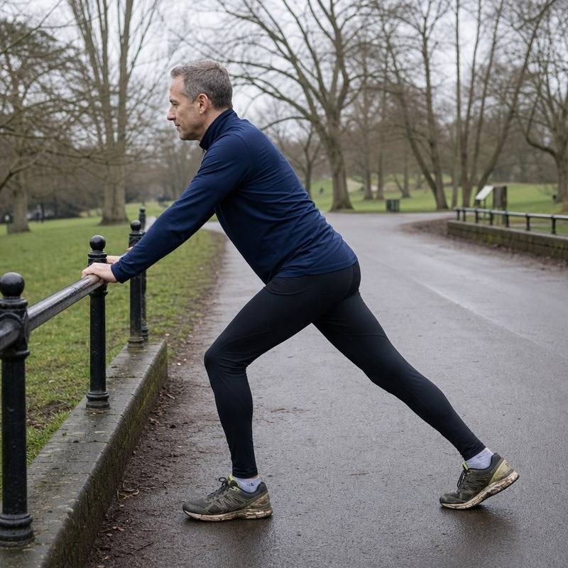 A runner leaning into a standing calf stretch against a park railing after a run