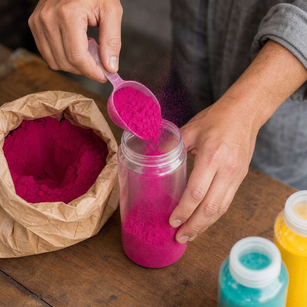 Close-up of hands scooping loose color powder into a clear squeeze bottle