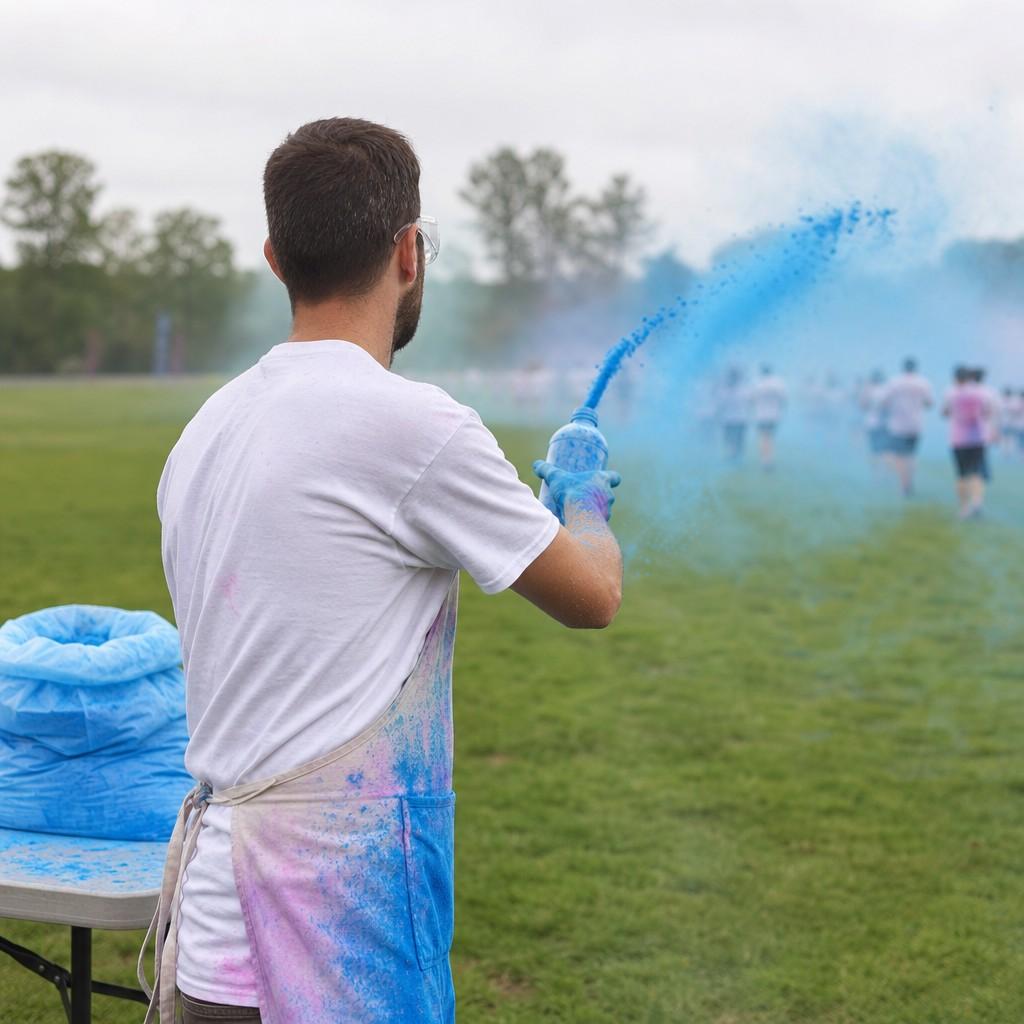 A volunteer in safety glasses working a color station as powder drifts across the course