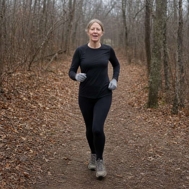 A runner coming straight toward the camera at an easy, comfortable pace on a woodland trail