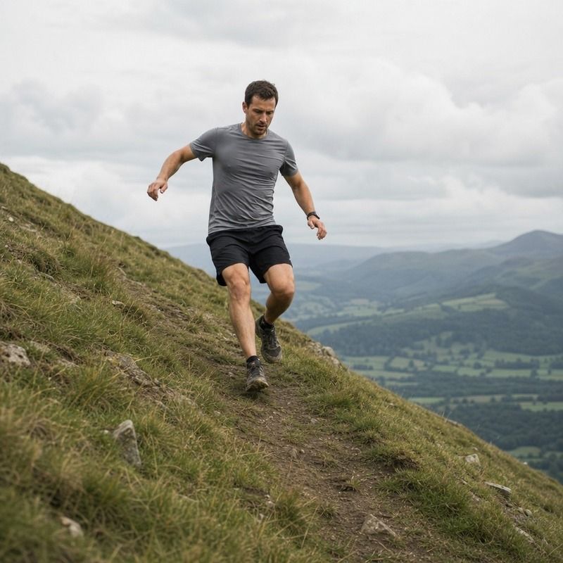 A runner descending a steep grassy path, braking against the slope with each stride