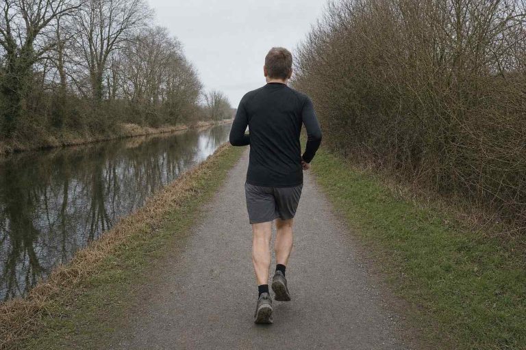 A runner photographed from behind, moving at a relaxed easy pace along a flat gravel canal towpath