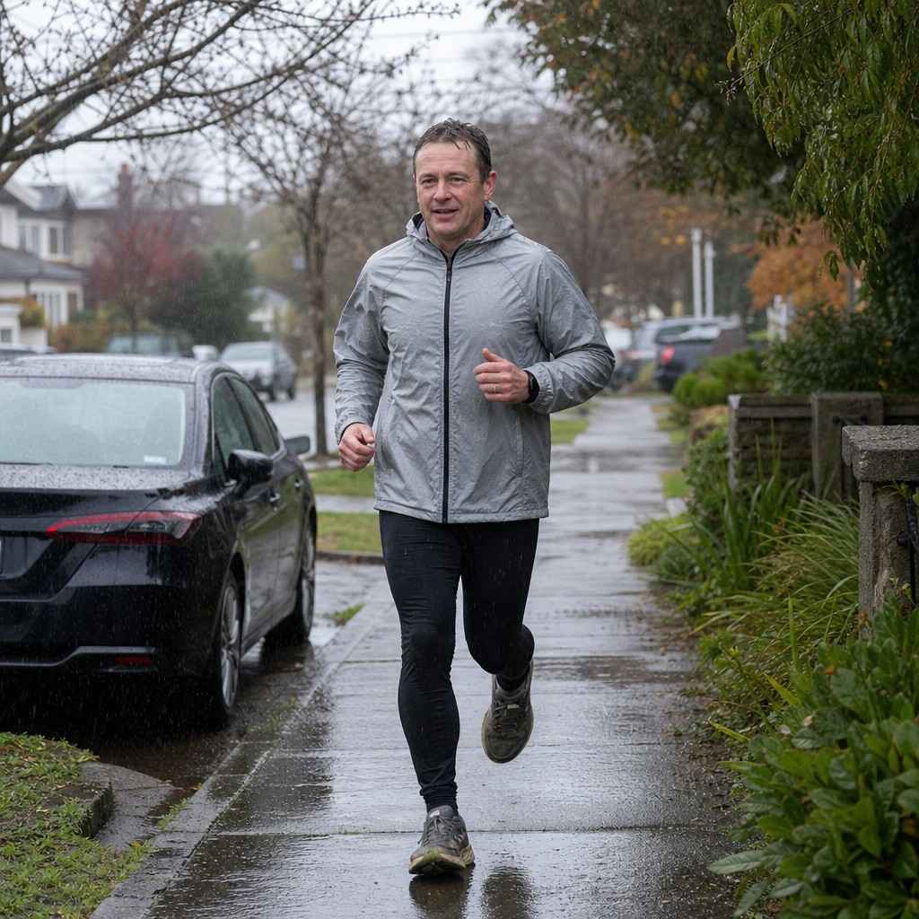 A runner keeping an easy, comfortable effort on a suburban sidewalk during light rain