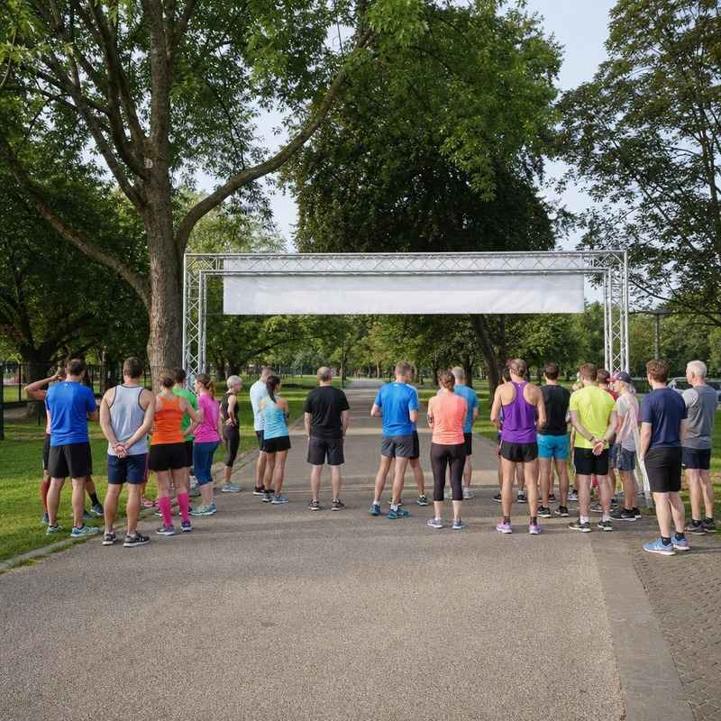 A small group of everyday runners waiting at the start of a local park 5K