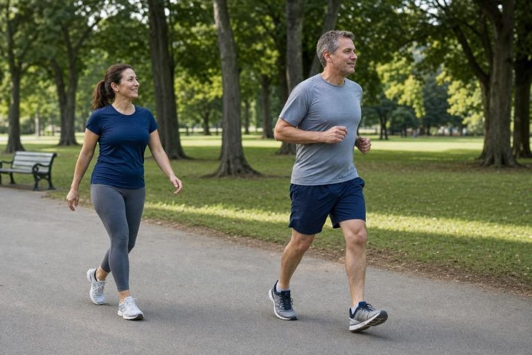 Two people making their way along a park path together, one running easily and the other walking