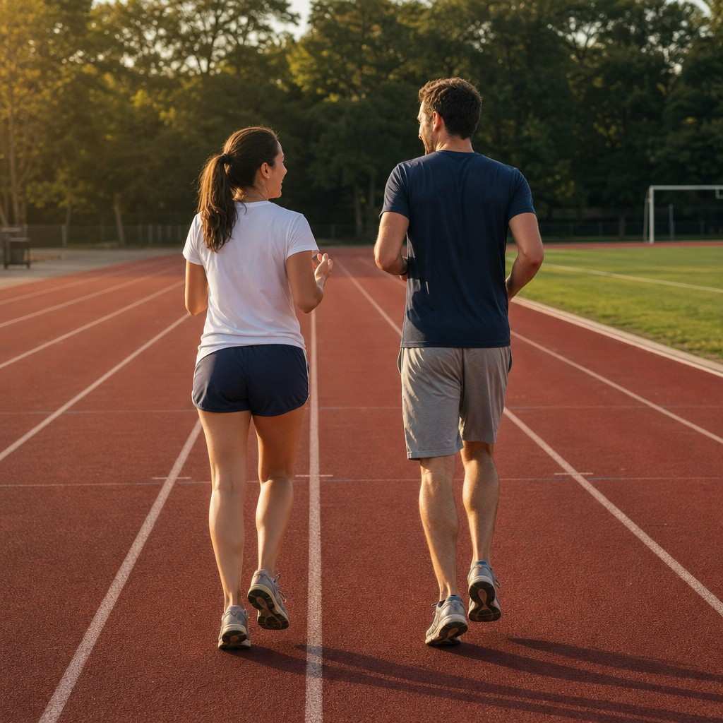 Two runners jogging an easy recovery lap side by side on a track between intervals