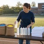 A school volunteer setting out bulk color powder bags and squeeze bottles on a folding table before a color run
