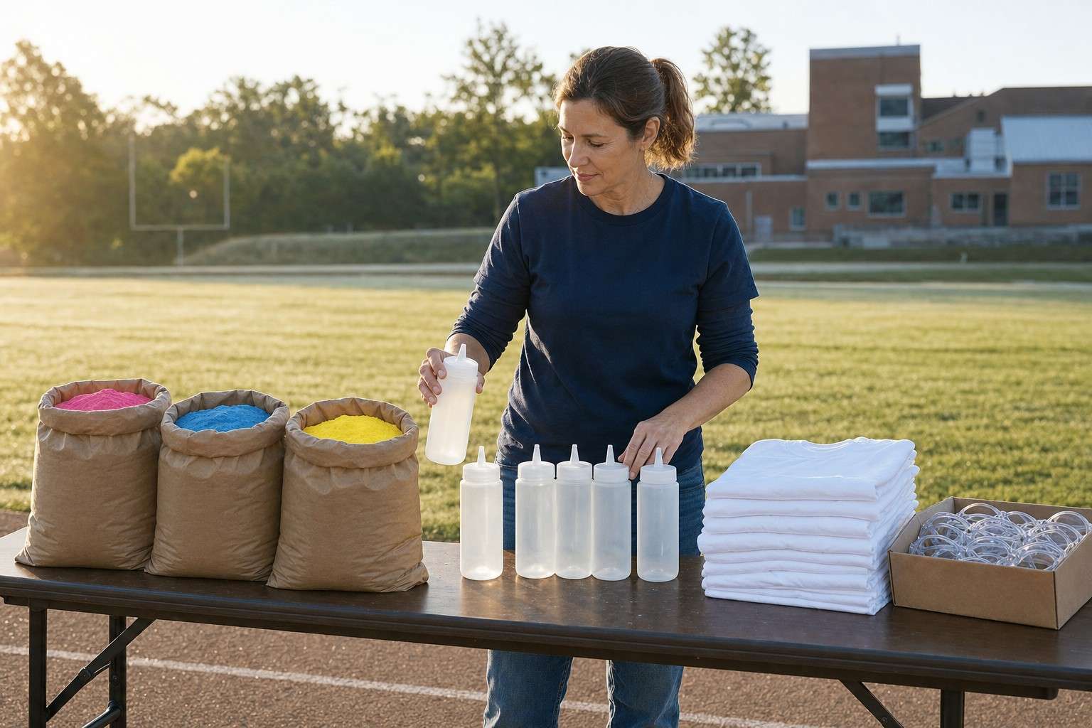 A school volunteer setting out bulk color powder bags and squeeze bottles on a folding table before a color run