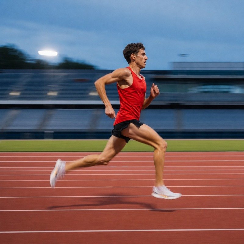 A runner driving down the home straight of a track at full interval effort