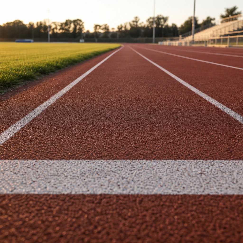 The start line markings in lane one of an empty outdoor running track